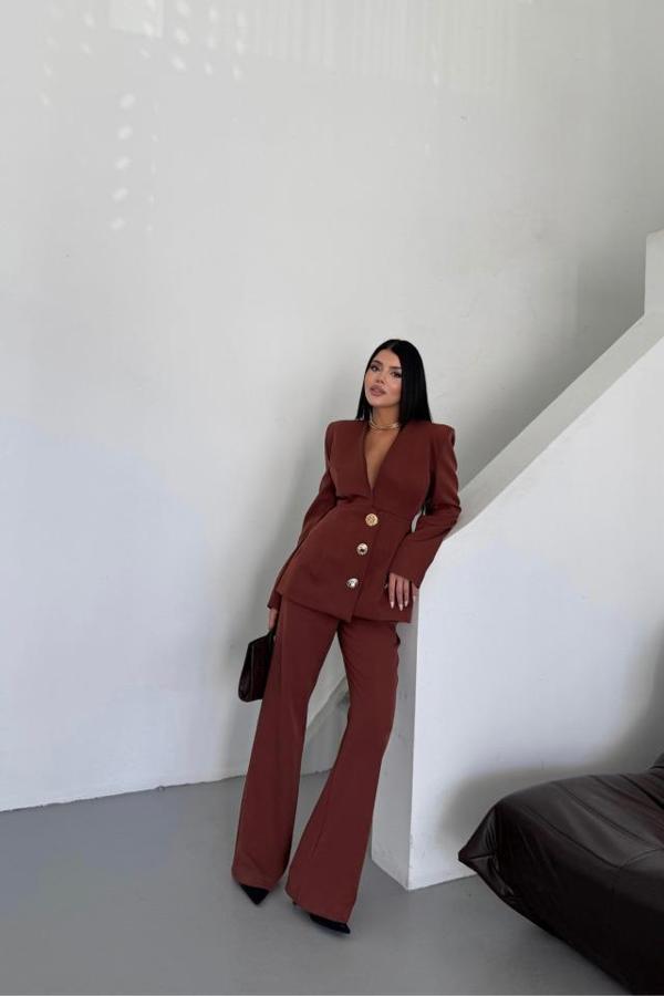 TASARIM CEKET-PANTOLON TAKIM METAL DÜĞME DETAYLI - Kahverengi - Image 1