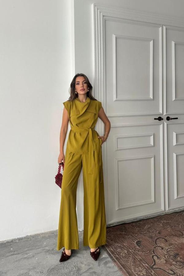 TENCEL MODAL KOLSUZ BLUZ KAPALI CEP DETAYLI DÖKÜMLÜ - PANTOLON TAKIM - Yağ Yeşili - Image 1
