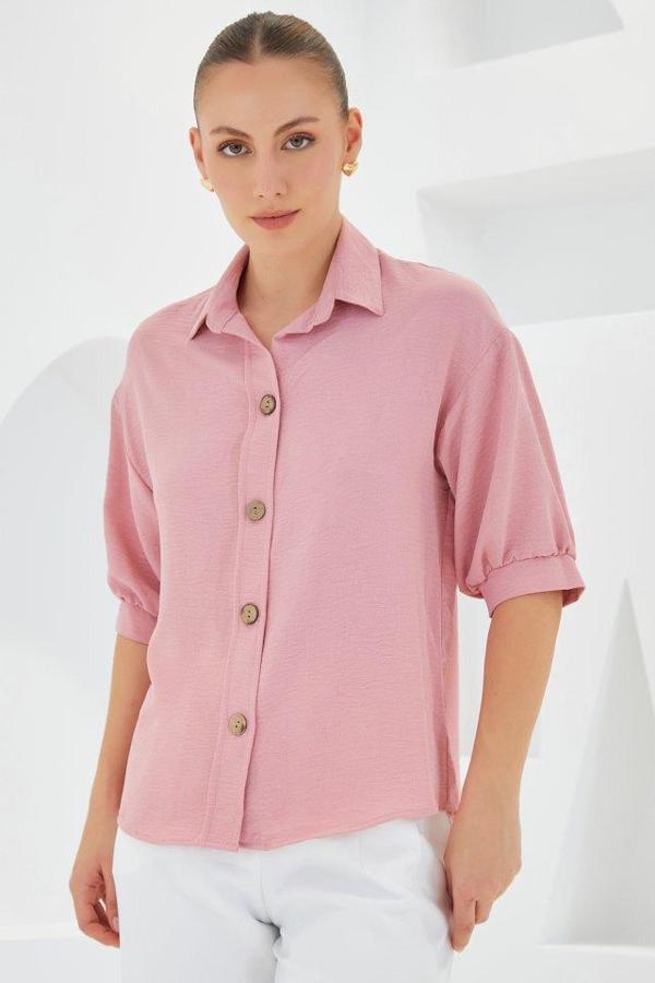 Pembe Kısa Kol Oversize Keten Gömlek 20240 - Image 1