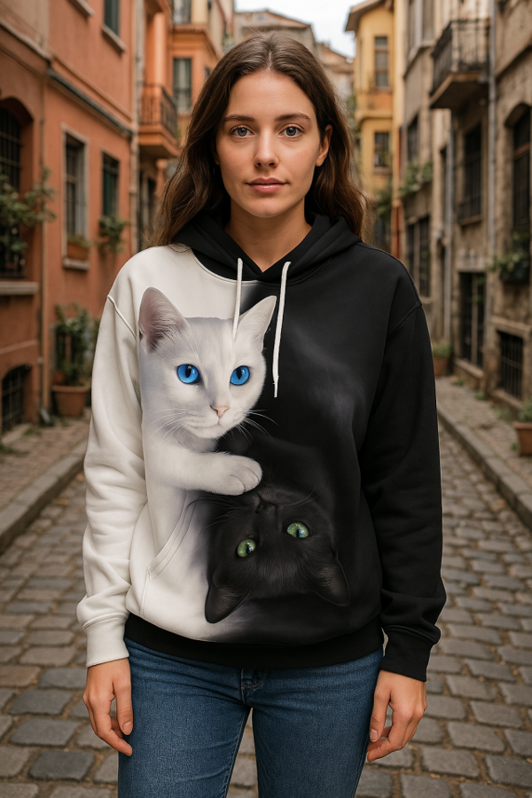 Kadın Uzun Kollu Kapşonlu Bağcıklı Kedi Desenli şardonlu Dalgıç Bluz - Image 1