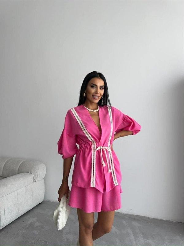 KETEN BEL BÜZGÜLÜ BLUZ-PANTOLON TAKIM - Fuşya - Image 1