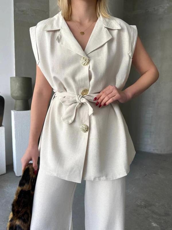 Keten Sıfır Kol Kuşaklı Ceket Pantolon Ikili Takım - Beyaz - Image 1