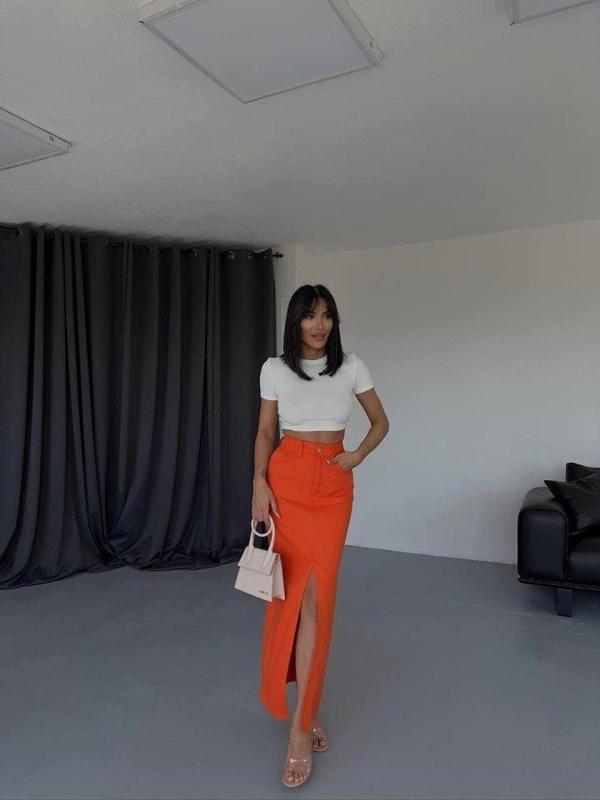 GABARDİN UZUN ÖNDEN YIRTMAÇLI ETEK - Turuncu - Image 1