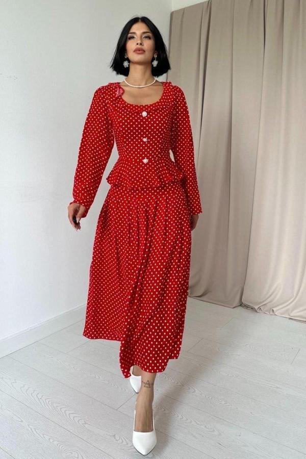Kırmızı Puantiye Desenli Volanlı Elbise - Image 1