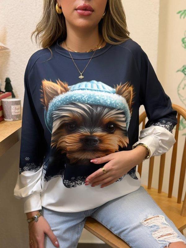 Kadın Uzun Kollu Bisiklet Yaka Köpek Baskılı şardonlu Dalgıç Bluz - Image 1