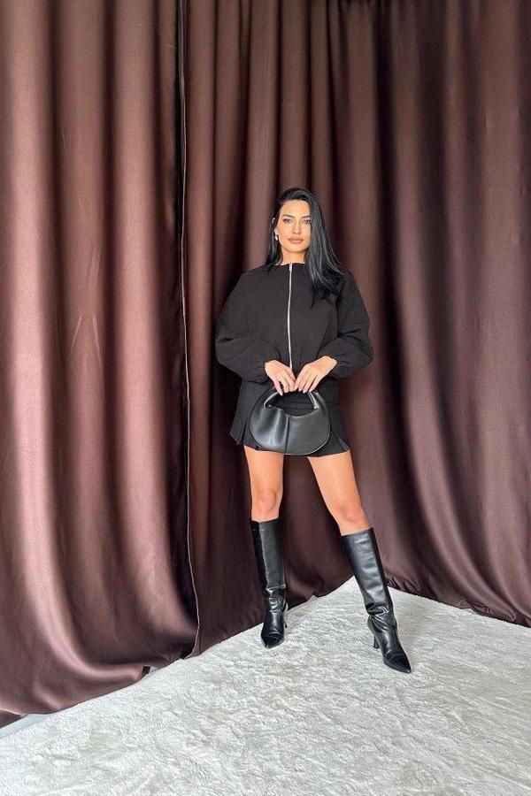 Siyah Kısa Önü Fermuarlı Bomber Ceket - Image 1