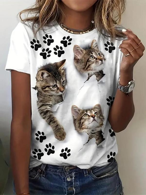 Kadın Kısa Kollu Kedi Ve Pati Baskılı Süprem T-shirt - Image 1