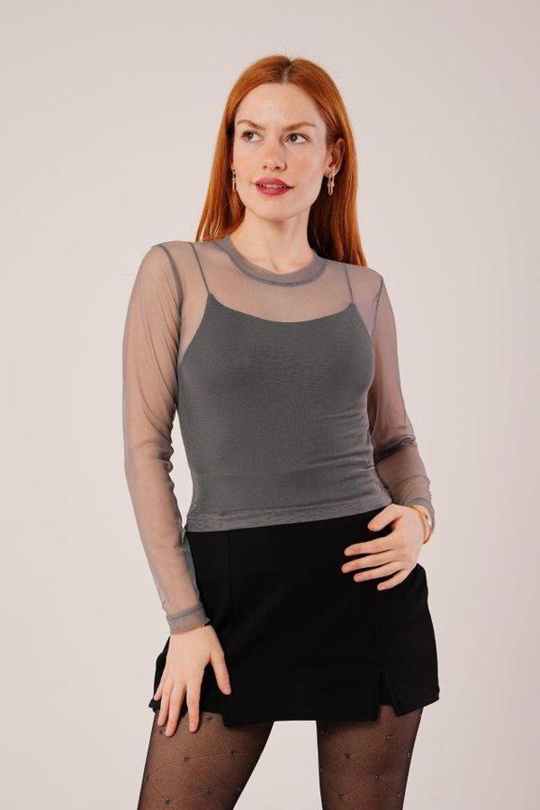 Transparan Gri Tül Basic Bluz - Image 1
