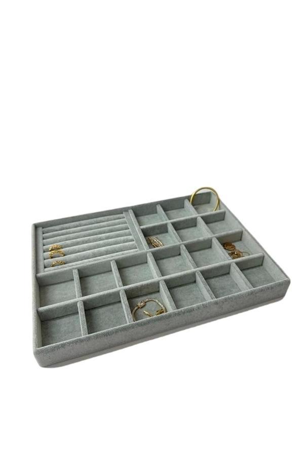 Bakü Model Süet Kumaş Gri Renk 34/24 cm Bölmeli-Sosisli Çekmece Içi Takı Standı - Image 1