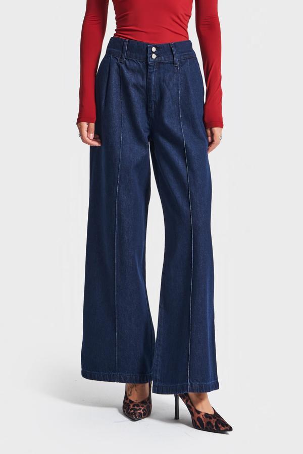 Kadın İndigo Renk 7w5-50 Wide Leg Fit İç Boy 74cm Bol Kesim Viskon Kumaş Kemer Detaylı Denim Jean - Image 1
