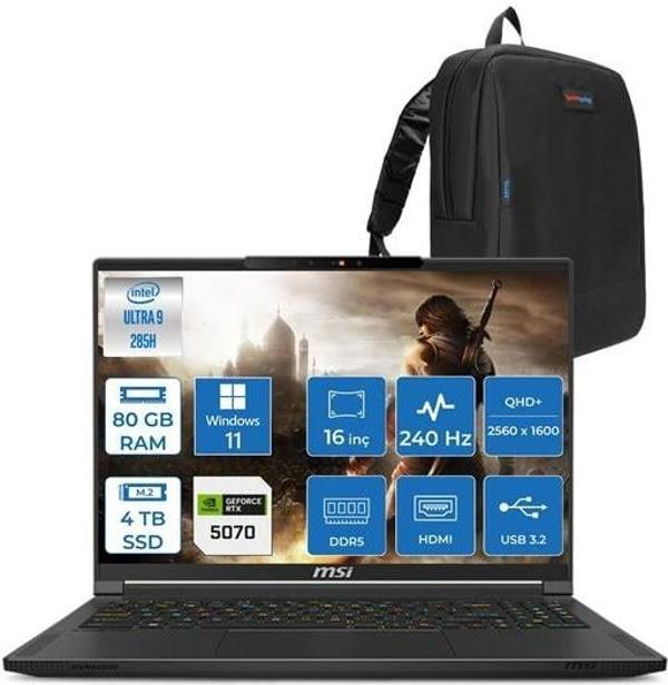 Msı Stealth 16 Aı Ultra 9 285H 80GB Ddr5 4tb SSD 8GB/RTX5070/95W 16" Qhd+ 240hz OLED Windows 11 Pro Taşınabilir Bilgisayar A2HWGGH24 + Zettaçanta - Image 1