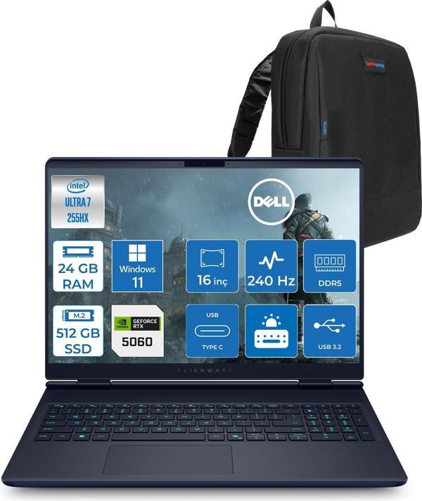 Dell Alienware 16X Aurora Core Ultra 7 255HX Aı 24GB 512GB SSD 8GB/RTX5060 Gddr7 115W 16" Wqxga 240Hz 500 Nits  Windows 11 Pro Taşınabilir Bilgisayar ZAC16251P01+ZETTAÇANTA - Image 1