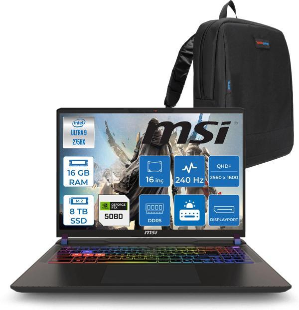 Msı Vector 16 Intel Core Ultra 9 275HX 16GB 4tb + 4tb SSD RTX5080 16GB Tdp 175W Gddr7 Freedos 16" Qhd+ 240Hz Taşınabilir Bilgisayar A2XWIG090XTRF05 + Zetta Çanta - Image 1