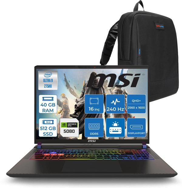 Msı Vector 16 Intel Core Ultra 9 275HX 40GB 512GB SSD RTX5080 16GB Tdp 175W Gddr7 Freedos 16" Qhd+ 240Hz Taşınabilir Bilgisayar A2XWIG090XTRF16 + Zetta Çanta - Image 1