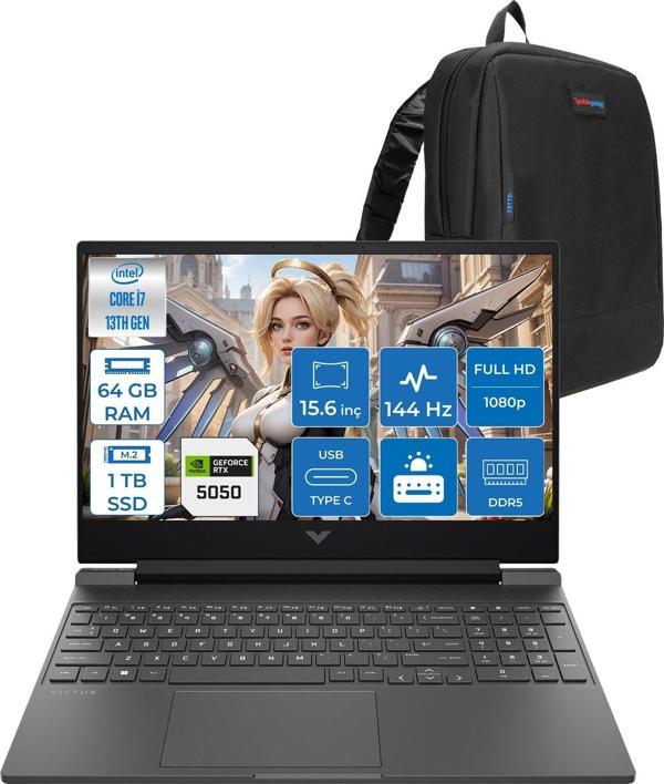 Hp Victus 15-WFA2036NT Intel Core I7 13620H 64GB 1tb SSD 8gb RTX5050 Freedos 15.6" Fullhd 144Hz 300NITS IPS Taşınabilir Bilgisayar C52QWEAF28 + Zetta Çanta - Image 1