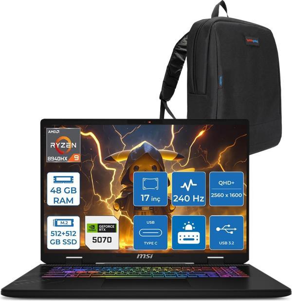 Msı Crosshaır A17 Hx D8WGKG-012XTR Ryzen9 8940HX Aı 48GB 512GB SSD+512GB SSD  8GB/RTX5070 Gddr7 115W 17"2.5k (2560 x 1600, Qhd+) 240Hz  Freedos Taşınabilir Bilgisayar Z012XTRF18+ZETTAÇANTA - Image 1