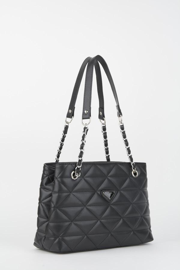 Siyah Deri Kapitone 3 Bölme Fermuar Kapama Zincir Askılı Astarlı El Kol Ve Omuz Çantası - Image 1