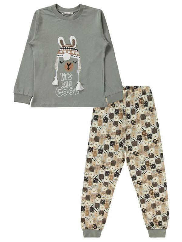 Civil Girls Lama Nakışlı 6-9 Yaş Pijama Takımı - Gri8-9 Yaş - Image 1