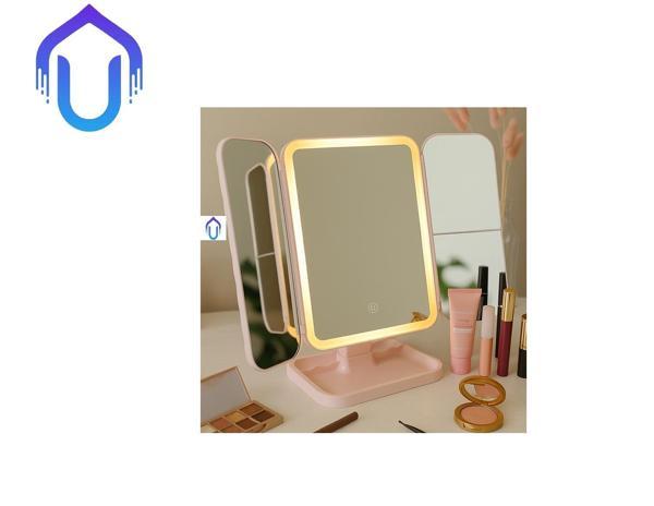 LED Işıklı Katlanabilir Şarjlı Makyaj Aynası – Pembe | 3 Işık Modu, Taşınabilir & Büyüteçli Ayna - Image 1