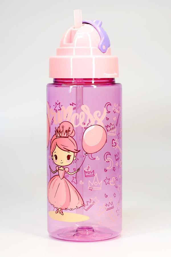 Çocuk Su Matarası Tritan Pipetli Su Şişesi Boyun Askılı Prenses Okul Suluğu BPAsız 500 mL Mor T0107 - Image 1