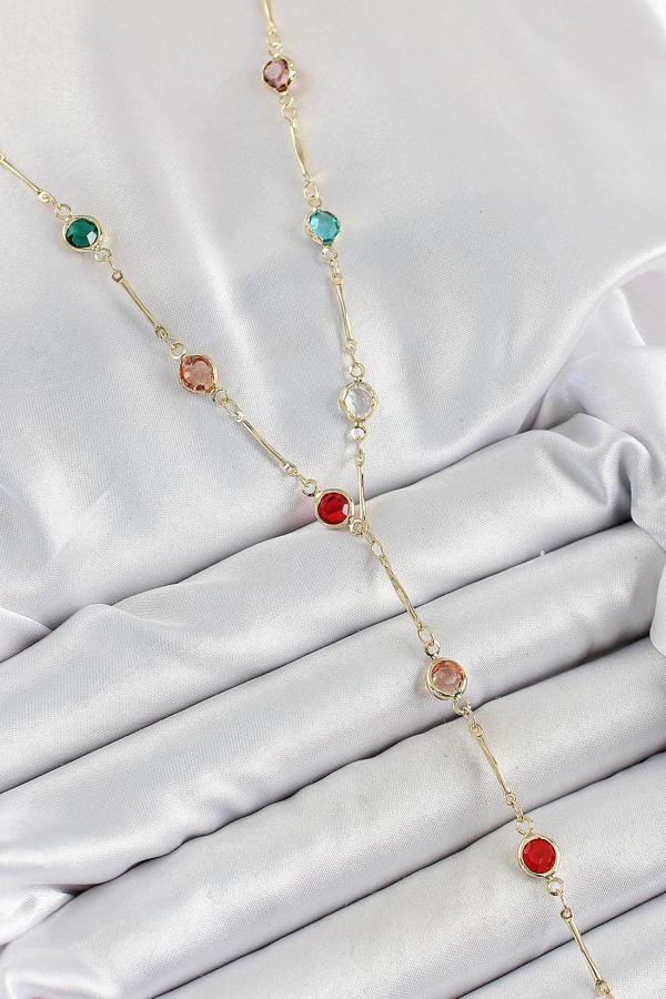 Pirinç Asorti Model Gold Renk Zirkon Taşlı Y Kolye - Image 1