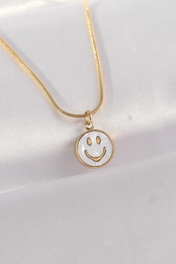 316L Çelik Zincir Altın Renk Mermer Desenli Minimal Smile Kolye - Image 1
