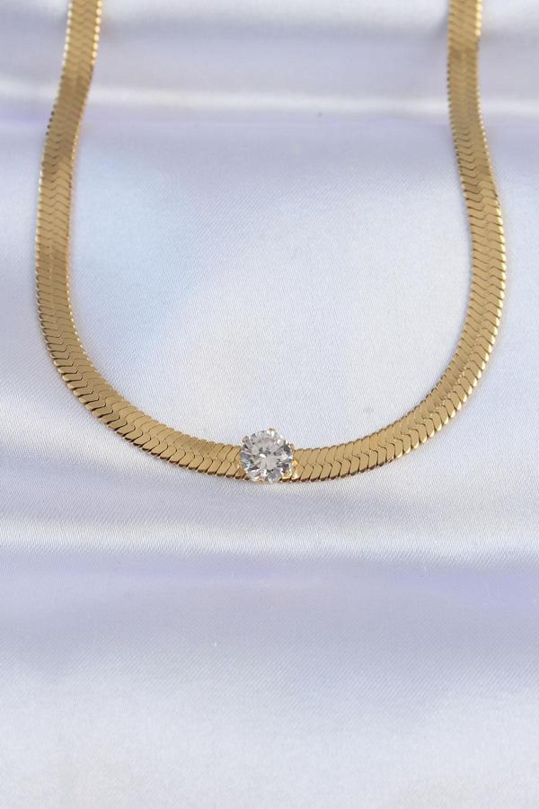 316L Çelik Gold Renk Tek Zirkon Taşlı İtalyan Zincir Kolye - Image 1