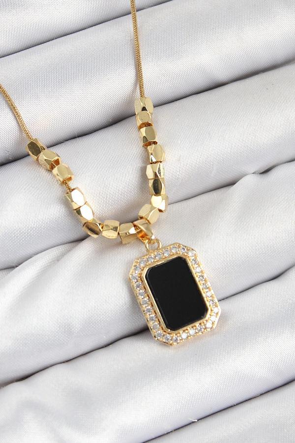 316L Çelik Zirkon Taşlı Siyah Baget Model Gold Renk Kadın Kolye - Image 1