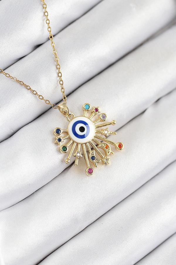 316L Çelik Zirkon Taşlı Nazar Model Gold Renk Kadın Kolye - Image 1