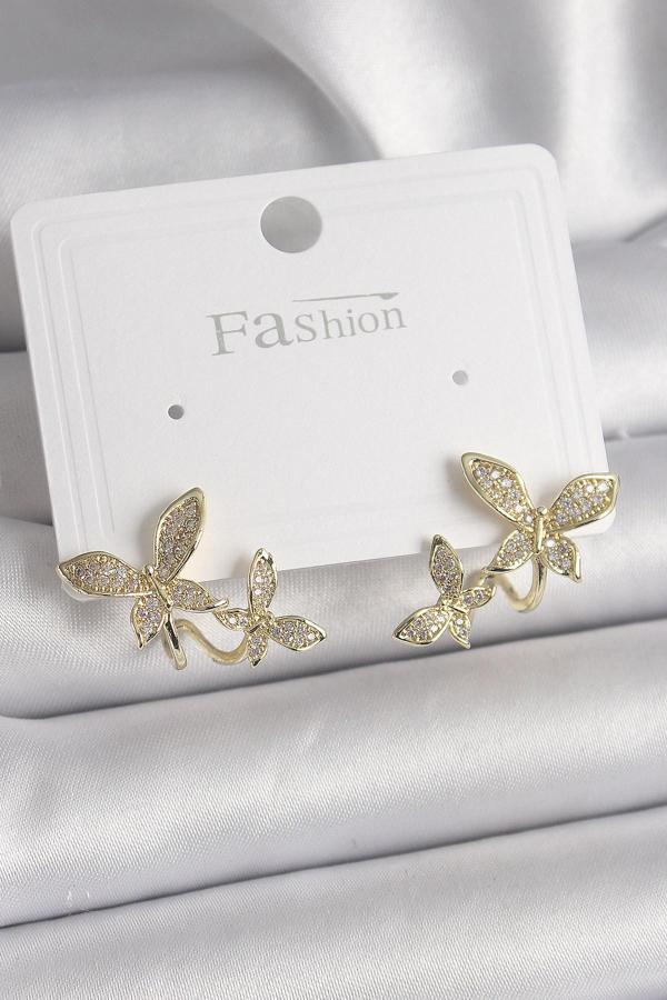 Pirinç Gold Renk Zirkon Taşlı Kelebek Model Kadın Küpe - Image 1