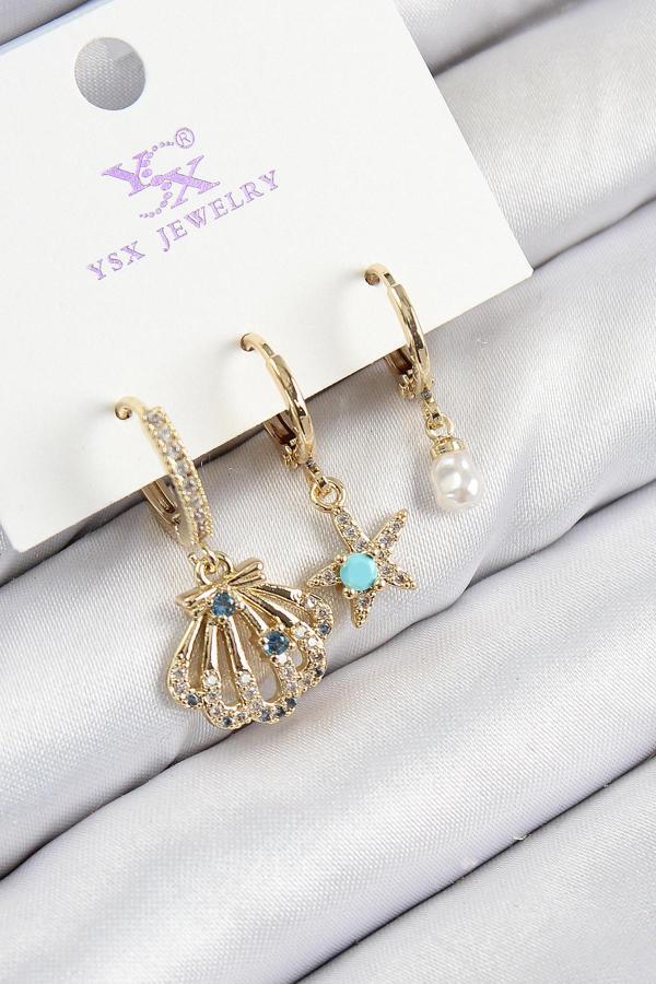 Pirinç Zirkon Taşlı 3 lü İstiridye Ve Yıldız Model Gold Renk Kadın Küpe - Image 1