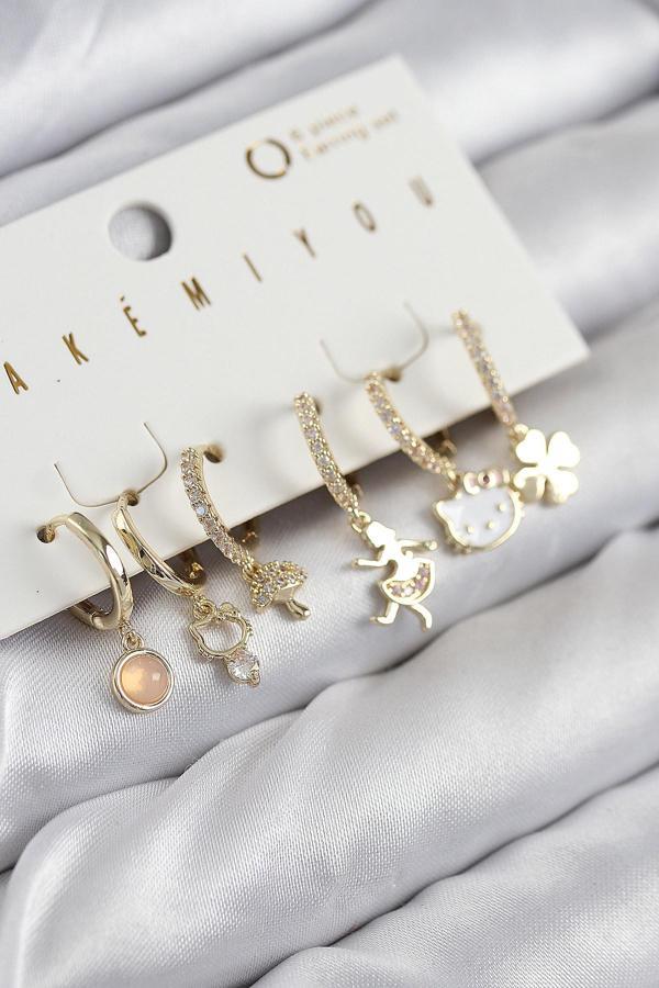 Pirinç Zirkon Taşlı Hello Kity Ve Yonca Model Gold Renk 6 lı Küpe Set - Image 1