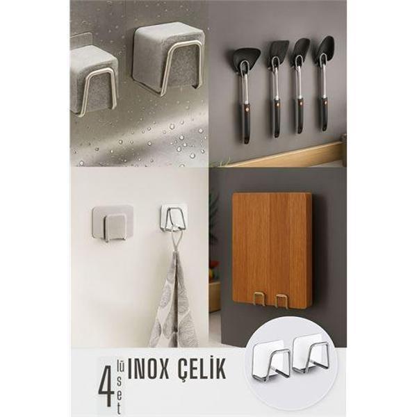 Inox Çelik Çok Amaçlı Askı - Banyo Askısı - Mutfak Askısı Profesyonel 4 lü SET - Image 1