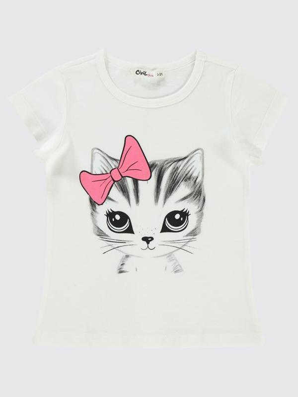 Civil Girls Kedi Baskılı 2-5 Yaş Tişört - Ekru2-3 Yaş - Image 1
