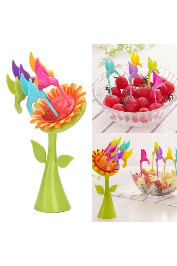 Plastik Meyve Çatal Ayçiçeği 5 Kuşlar Çatal Set - Image 1