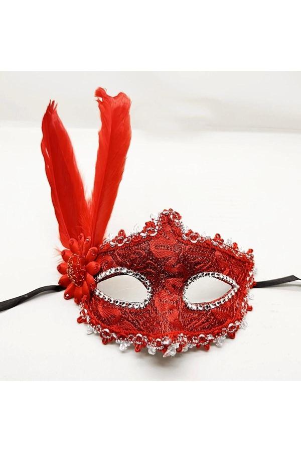 Kırmızı Renk Tüylü Dantelli Gözleri Taşlı Balo Parti Maskesi - Image 1