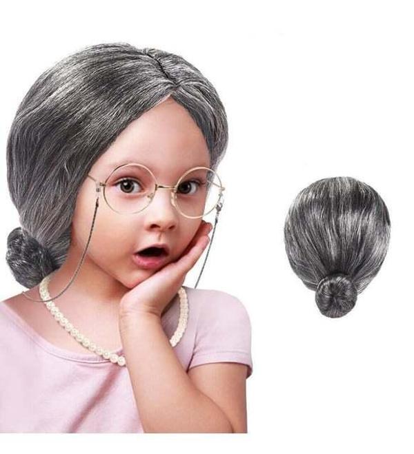 Gri Yaşlı Peruğu çocuk yetişkin uyumlu - Image 1