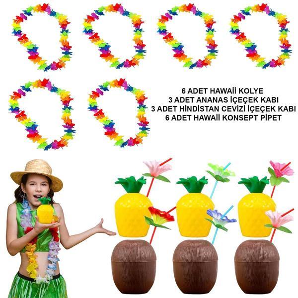 Tropikal Hawaii Parti Malzemeleri – Kolye, Pipet, Bardak Seti - Image 1