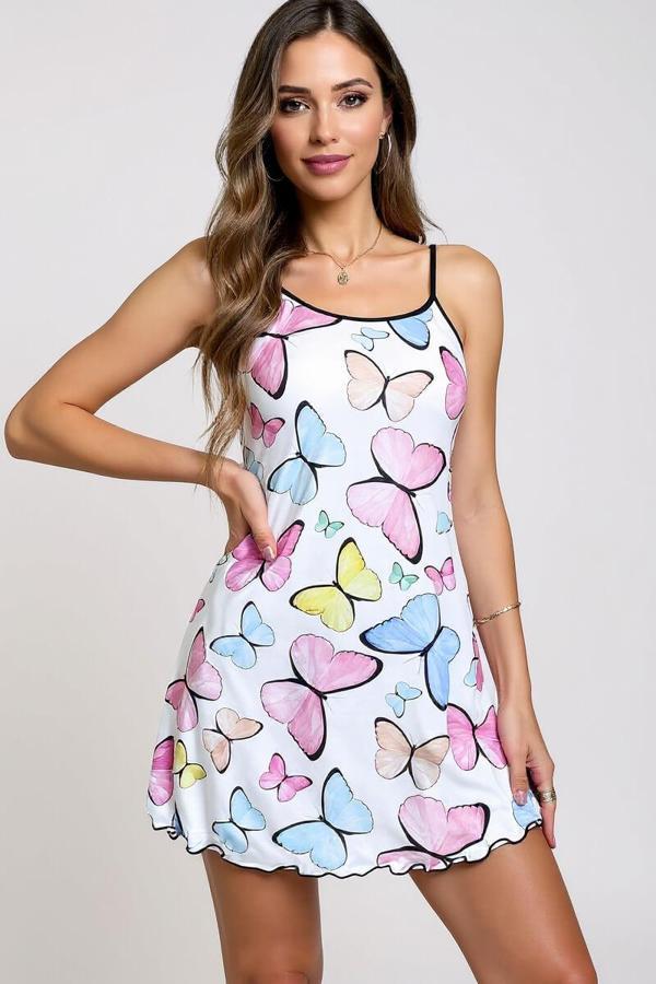 Renkli Kelebek Desenli Askılı Kadın Gecelik - Image 1
