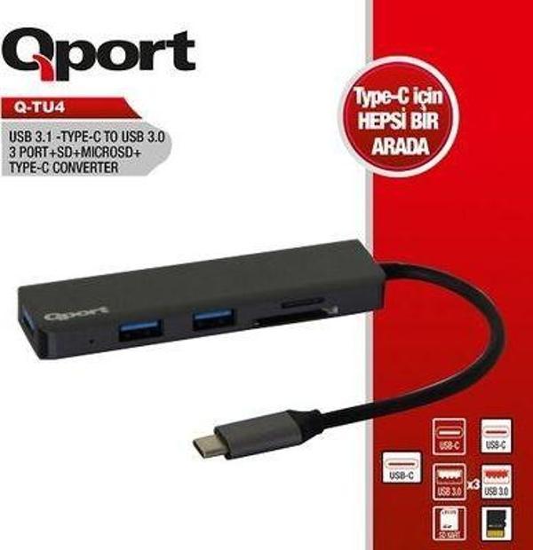 QPORT Q TU4 3port Type-C  USB 3.0 Kart Okuyucu Siyah USB Çoklayıcı Hub - Image 1