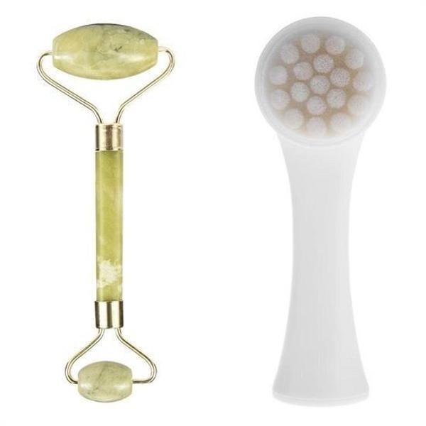 BUFFER® 2li Set Çift Taraflı Cilt Temizleme Fırçası ve Yeşim Taşı Çift Taraflı Cilt Masaj Aleti - Image 1