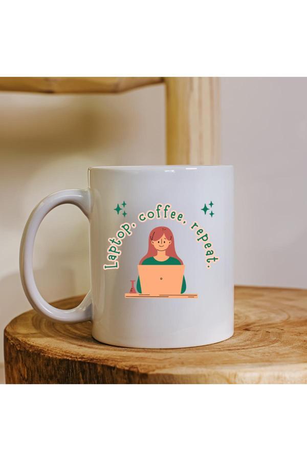 Kubdekor Laptop Coffee Repeat Yazılı Baskılı Kupa Bardak - Image 1