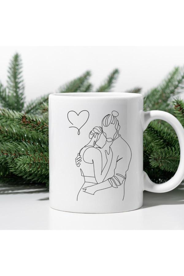 Kubdekor Minimalist Couple Sarılan Çift Çizimi Kupa Bardak Sevgiliye Hediye Kupa Bardak - Image 1