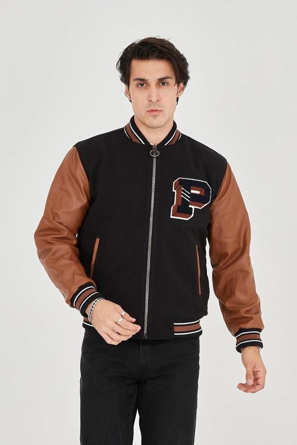 Erkek İçten Elyaf ve Astarlı Kolları Suni Deri Ceket - Kahverengi - Image 1