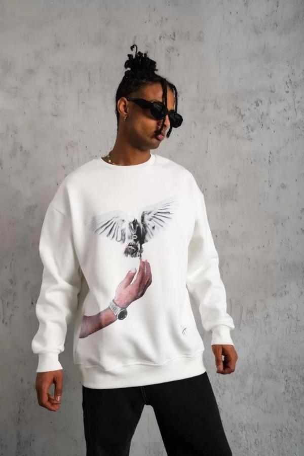 Erkek Güvercin Baskılı Sweatshirt - Beyaz - Image 1