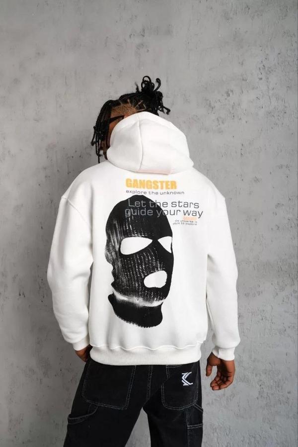 Erkek Kordonlu Maske Baskılı Kapüşonlu Sweat - Beyaz - Image 1
