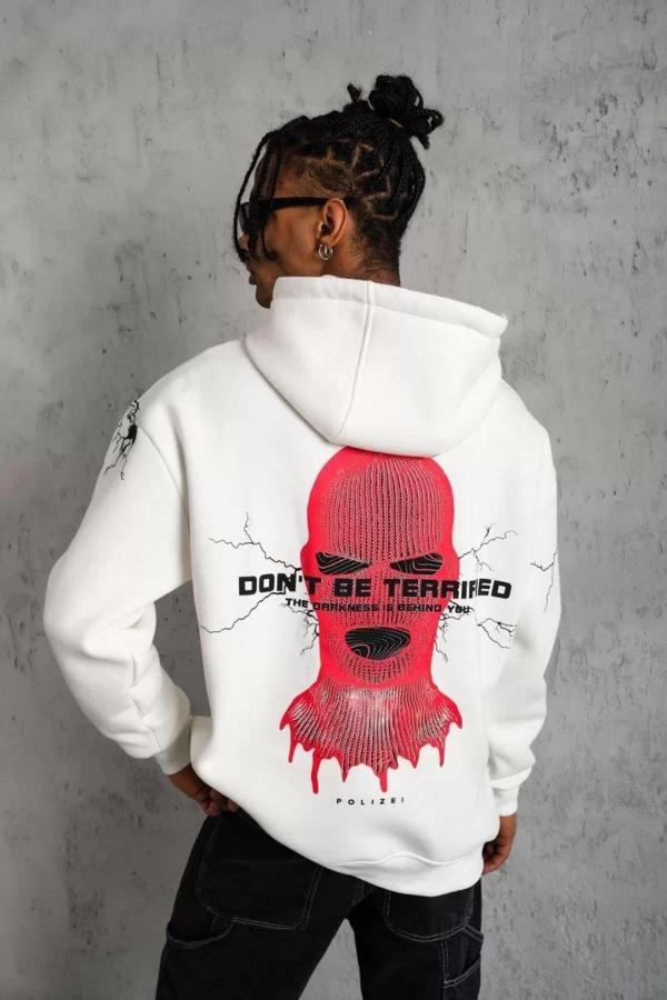 Erkek Maske Baskılı Kapüşonlu Sweat - Beyaz - Image 1