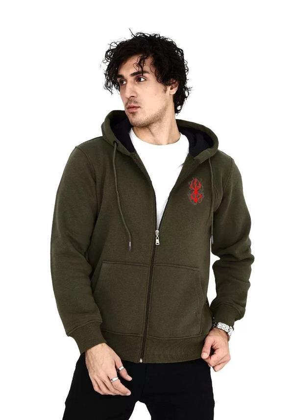 Unisex Baskılı Tam Fermuarlı Kapşonlu SweatShirt - Haki - Image 1