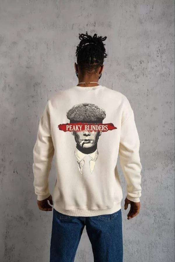 Unisex Bisiklet Yaka Baskılı Oversize Sweatshirt - Beyaz - Image 1