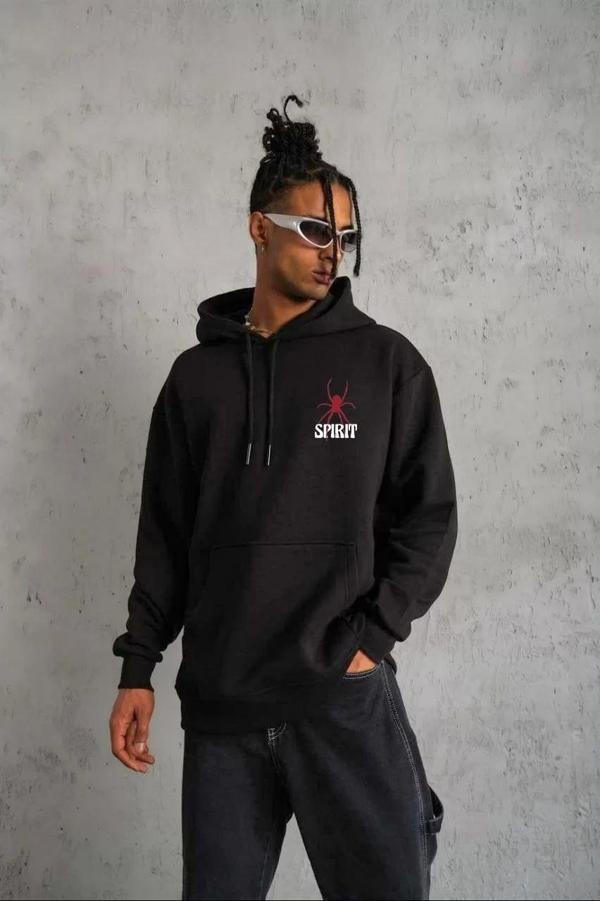 Unisex Kapşonlu Baskılı Sweetshirt - Siyah - Image 1